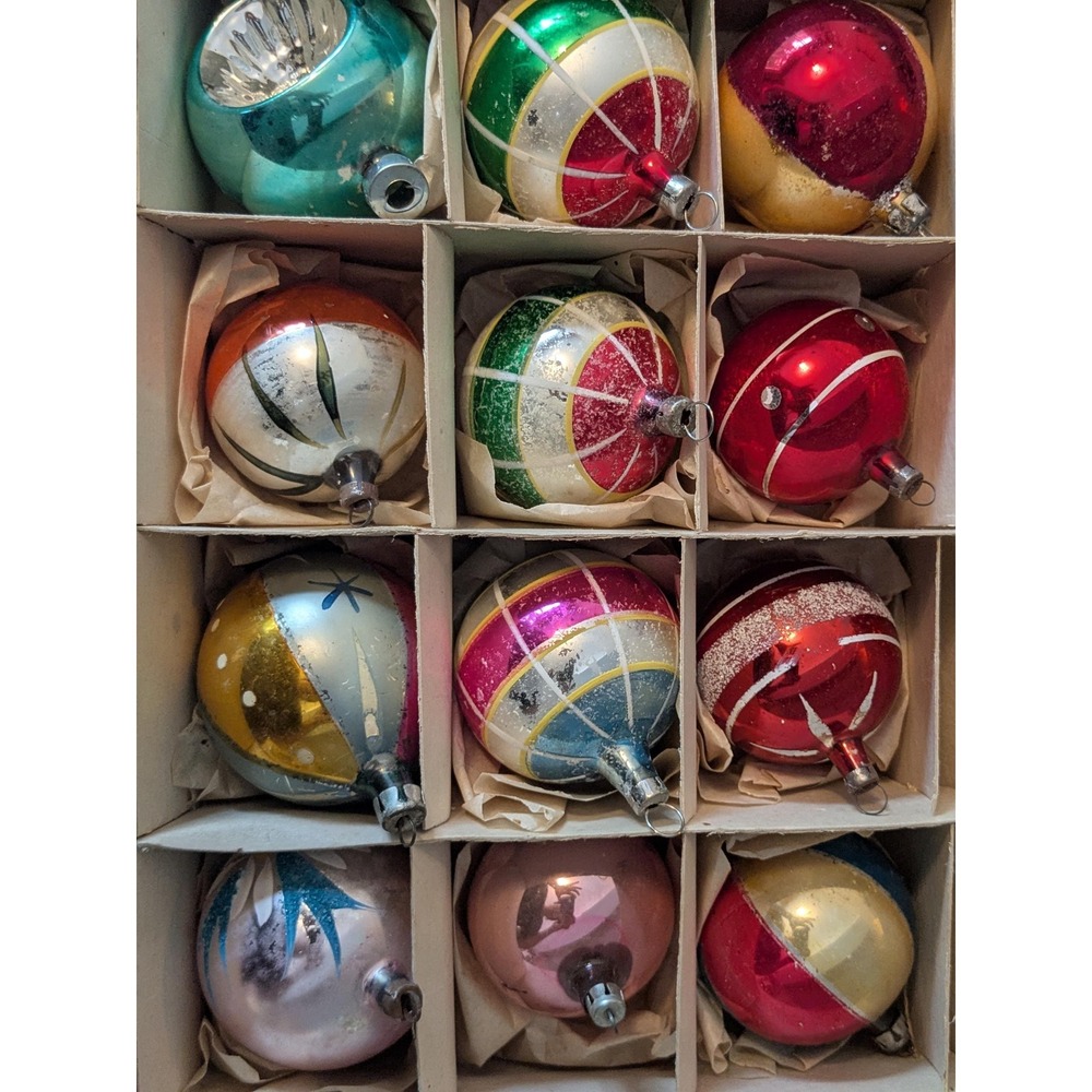 Vintage Glass Christmas Ornaments Set of 12 in Original Box
